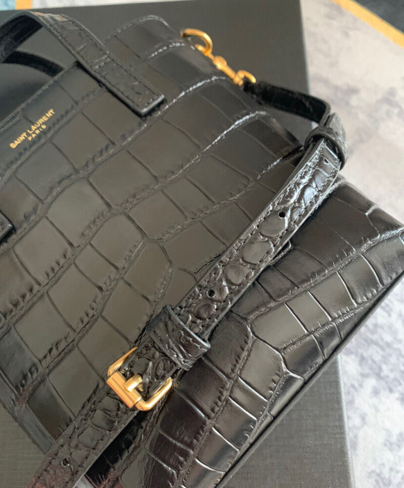Saint Laurent Paris Mini Toy Shopping In Crocodile-Embossed Leather Black